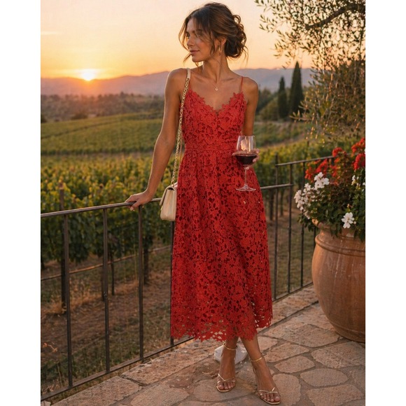 ASTR The Label Dresses & Skirts - ASTR The Label Red Lace Cami Midi Dress Scalloped Wedding Guest Size S